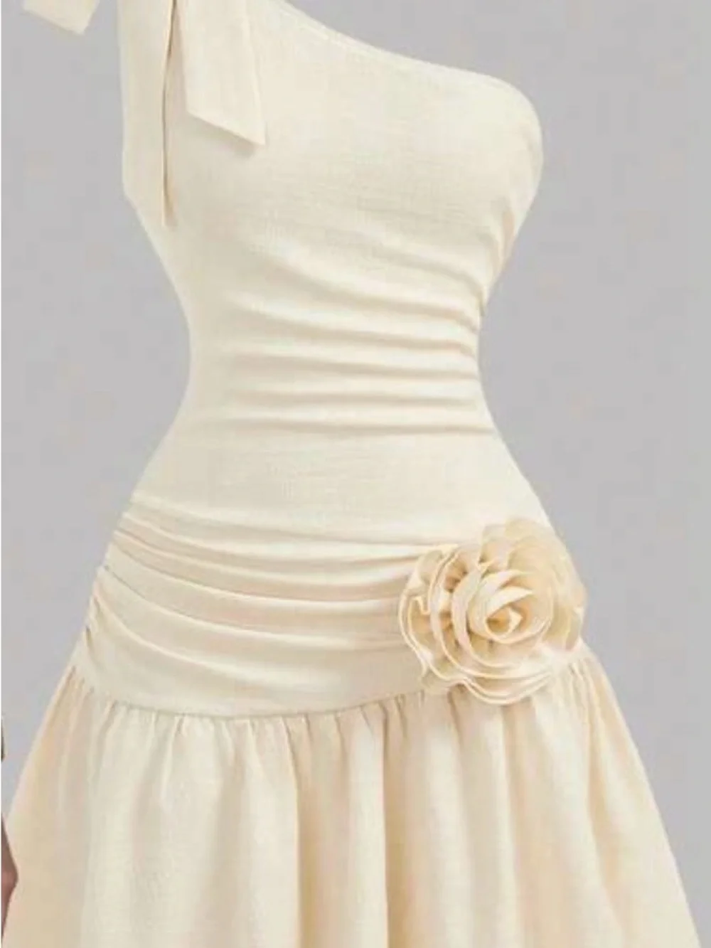 Elegant One-Shoulder Cream Dress with Floral Accent for girls